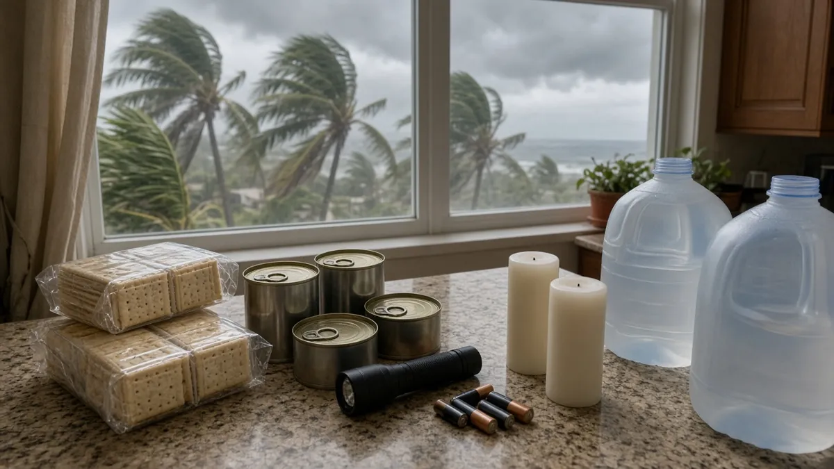 Hurricane supplies on a kitchen counter: canned food, crackers, water, flashlight and candles