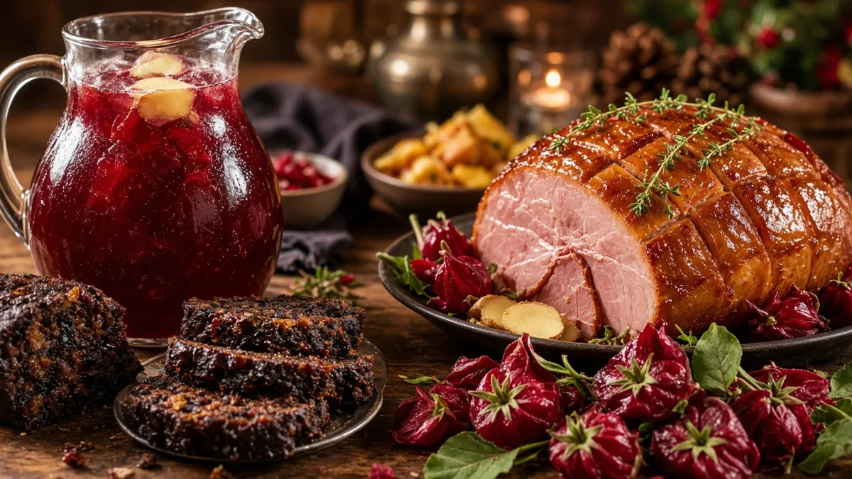 Jamaican Christmas table with sorrel, fruit cake and glazed ham