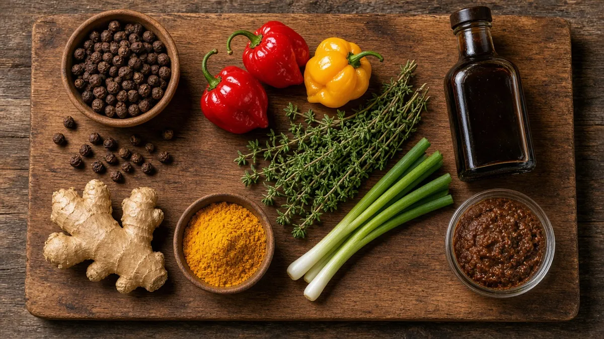 Jamaican seasonings and spices: pimento, scotch bonnet, thyme, scallion, ginger, curry and browning