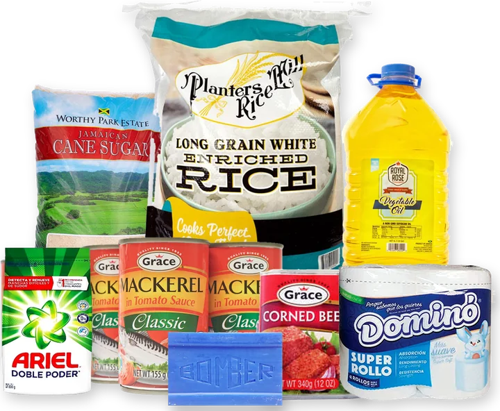 Rice, sugar, cooking oil, tinned food, tissue and detergent from the Pantry Bundles