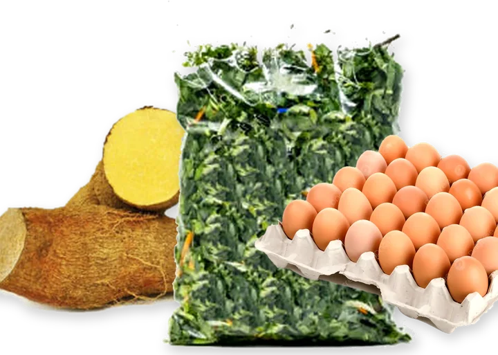 Fresh yam, callaloo and a tray of eggs